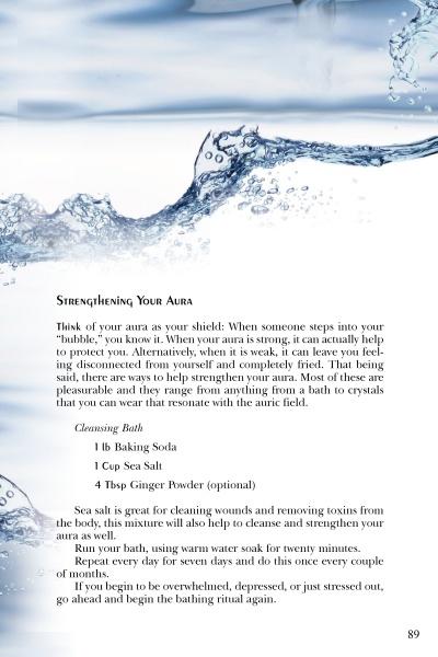 A page from Psychic Sex by Schiffer Publishing, Ltd. shares a cleansing bath recipe with baking soda, sea salt, and optional ginger powder to enhance spiritual connection. Directions are provided on page 89 of the book.