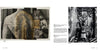 A two-page spread from "Icons & Symbols of the Borderland" by Schiffer Publishing, Ltd. shows a close-up of a back with a Virgin Mary tattoo and a black-and-white photo of someone kneeling before religious imagery.