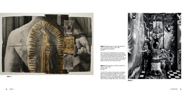 A two-page spread from "Icons & Symbols of the Borderland" by Schiffer Publishing, Ltd. shows a close-up of a back with a Virgin Mary tattoo and a black-and-white photo of someone kneeling before religious imagery.