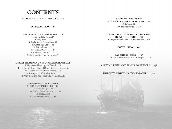 The table of contents for Schiffer Publishing, Ltd.’s "Pirates and Ghosts of the Carolinas' Coast" features section titles and page numbers on white, with a faint old pirate ship image on the right, evoking ghostly legends from North Carolina’s coast.