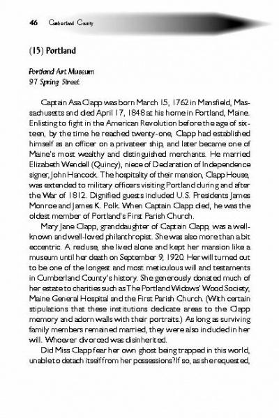 A page from "Ghosts of Maine" by Schiffer Publishing, Ltd. describes the history of Portland Art Museum, Captain Asa Clapp, Mary Jane Clapp, and rumors that make Miss Clapp a notable Maine ghost. The black text appears on a white background.