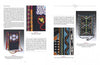 A two-page spread from Schiffer Publishing, Ltd.'s "Andean Sling Braids" showcases close-up photos and descriptions of intricately embroidered shoulder bags with vibrant geometric patterns, detailed stitching, and Andean braiding. Text surrounds the images.
