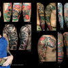 A woman with vibrant sleeve tattoos poses in a blue dress, surrounded by close-ups of bold tattoo and bodysuit art from "Slave to the Needle" by Schiffer Publishing, Ltd., all set against a black background.