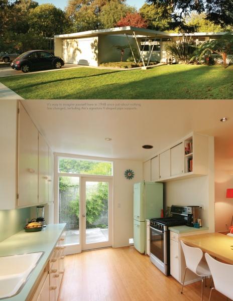 A mid-century modern house with a flat roof and large windows, inspired by "Modern Tract Homes of Los Angeles" from Schiffer Publishing, Ltd., is shown above a retro kitchen with white cabinets, green fridge, and dining area.