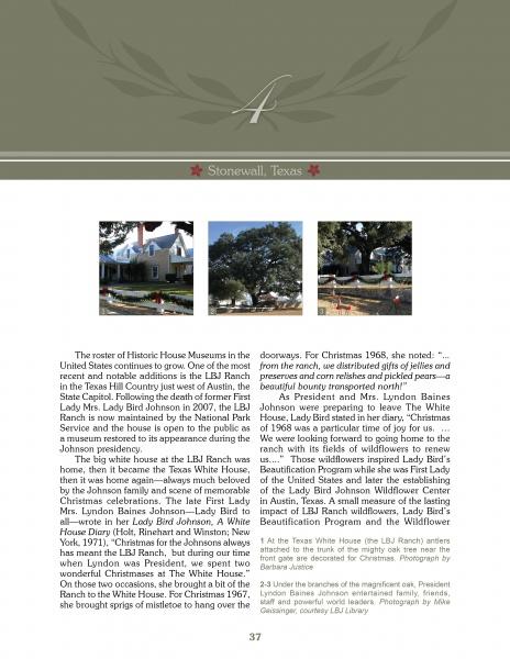 A magazine page, "Decorating for Christmas at Historic Houses" by Schiffer Publishing, Ltd., features photos of Stonewall, TX buildings and trees, plus text on the LBJ Ranch and the Johnson family's Christmas home traditions.