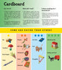 Cardboard" by Schiffer Publishing, Ltd. is an illustrated guide for kids featuring projects like a bee, flowers, guitar, box, and more—each rated by difficulty to help develop fine motor skills.
