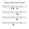 Pickin’ Stick chord chart by Schiffer Publishing, Ltd. shows C, B, A, Am, Em & G diagrams with numbered frets and string positions—an ideal reference for building wooden instruments or using a woodworking guide.