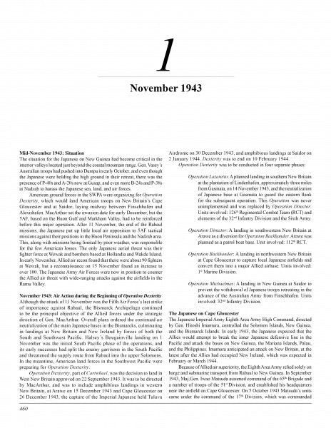 A text-heavy page from Schiffer Publishing, Ltd.'s "The 5th Fighter Command in World War II Vol. 2" details November 1943 military operations and Pacific air campaigns in New Guinea. No images or graphics are included.
