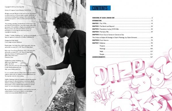 A young person spray-paints a mural, channeling New York graffiti energy. Next to the photo, DAZEWORLD’s table of contents from Schiffer Publishing, Ltd. features blue, black, and pink graffiti-style text echoing Chris Daze Ellis.