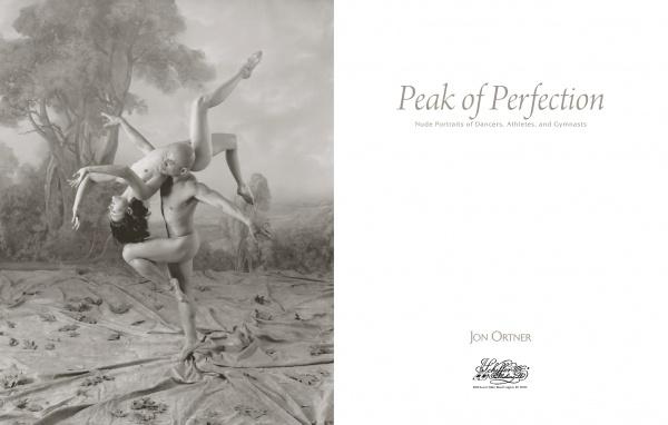 Two nude dancers strike an acrobatic pose before a scenic, painted backdrop in this black-and-white artwork titled “Peak of Perfection” by Schiffer Publishing, Ltd.