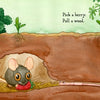 In Hello, Garden! by Schiffer Publishing, Ltd., a mouse eats a strawberry in an underground burrow. Above ground, hands pick a strawberry and pull up a carrot as an earthworm tunnels by. Text reads: Pick a berry. Pull a weed. A delightful garden board book.