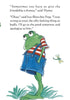A green frog in blue overalls and a red-and-white striped shirt stands on grass, gazing up as a dragonfly hovers nearby. Text above features a conversation on friendship and apologizing from "The Silly Looking Thing" by Schiffer Publishing, Ltd.