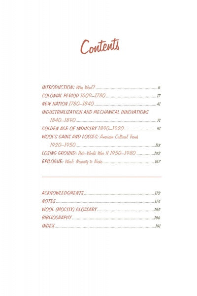 The table of contents for "Wool" by Schiffer Publishing, Ltd. lists chapter titles and page numbers in red and black text, including sections on U.S. wool history, industry innovations, production trends, glossary, and index.