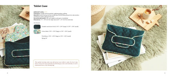A quilted dark green tablet case with a flap and light trim rests on a white surface beside coffee, a notebook, and a small woven basket. On the left, "Little Delights in Leather" by Schiffer Publishing, Ltd. lies open to sewing instructions.