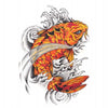 A vibrant orange and red koi swims upward through stylized gray and white waves, featuring dynamic water patterns—an eye-catching piece from "Life & Death in Tattoo Flash" by Schiffer Publishing, Ltd.