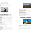 Table of contents page for "Lighthouses and Coastal Attractions of Southern New England" by Schiffer Publishing, Ltd., featuring sections on Connecticut and Rhode Island lighthouses with small images and page numbers for quick reference.