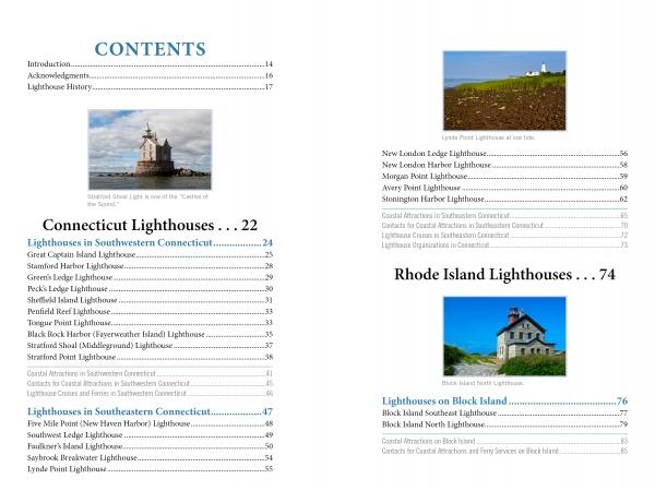 Table of contents page for "Lighthouses and Coastal Attractions of Southern New England" by Schiffer Publishing, Ltd., featuring sections on Connecticut and Rhode Island lighthouses with small images and page numbers for quick reference.
