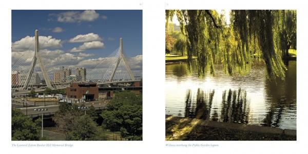 Two side-by-side photos from "Boston" by Schiffer Publishing, Ltd.: a modern cable-stayed bridge, a top city attraction; and tranquil willow branches over a lagoon—ideal for any Boston photo book or as a memorable keepsake.