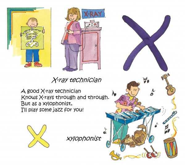A child stands behind an x-ray screen, a woman uses an x-ray machine, and another plays a xylophone next to a monkey in A to Z: Pick What You'll Be by Schiffer Publishing, Ltd.—a children’s ABC career picture book for ages 0–6.