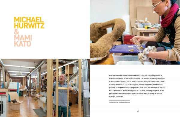 Two artists work in their studios: a man with a wooden frame and a woman assembling fibers before a woven sculpture—a scene from "Craft Capital" by Schiffer Publishing, Ltd., capturing Philadelphia's vibrant craft scene.