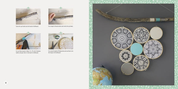 A photo collage features step-by-step instructions for creating bohemian wall art using Schiffer Publishing, Ltd.'s Dream Catchers. On the right, the finished piece hangs next to a globe.