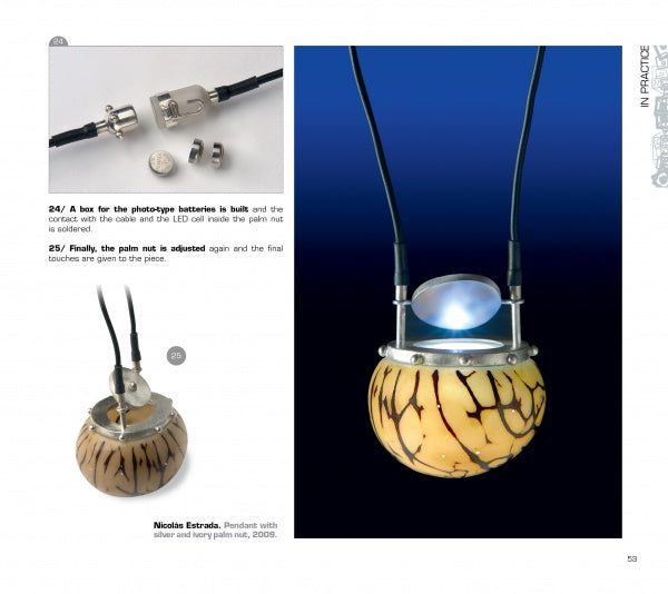 Metal Jewelry Techniques by Schiffer Publishing, Ltd. features jewelry like a round pendant with yellow-brown veining, silver and glass details on black cords, plus close-ups of craftsmanship and electronic component connections.