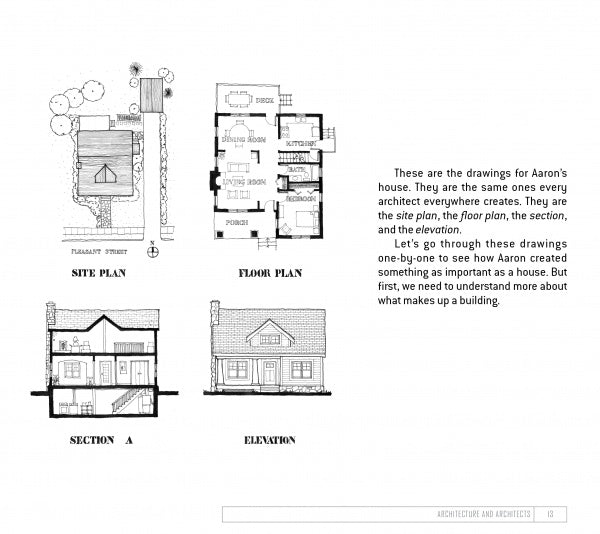 The Future Architect's Handbook by Schiffer Publishing, Ltd. features black-and-white site plans, floor plans, sections, and elevations of a house with explanatory text—perfect for introducing architectural drawing and building design.