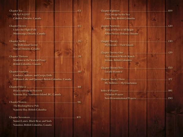 Paranormal Canadian Tales" by Schiffer Publishing, Ltd. features a table of contents on woodgrain, listing chilling Canadian hauntings by chapter, site, and page—ideal for paranormal investigators and ghost story enthusiasts.