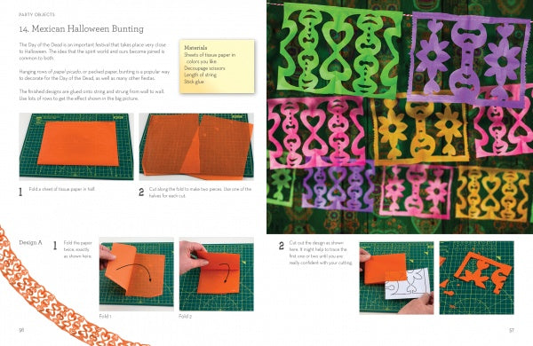 An instructional page from Cut It! by Schiffer Publishing, Ltd. shows kids how to make Mexican Halloween bunting, with step-by-step photos of folding and cutting orange paper and a display of colorful finished bunting. Materials and instructions are clearly shown.