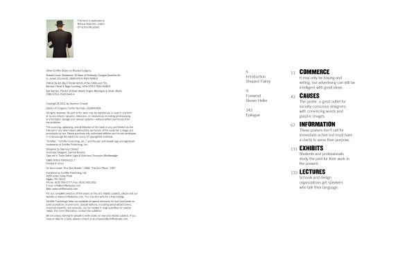 Poster Man by Schiffer Publishing, Ltd.: Left page has publishing info and credits with a small photo of Seymour Chwast of Push Pin Studios facing away; right page lists contents—Commerce, Causes, Information, Exhibits, and Lectures.