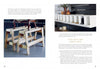 A two-page spread from Schiffer Publishing's The Little Upholstery Book shows mannequins, a modern shop display, and offers tips on creating or leasing a shop, storage solutions, and inspiring upholstery ideas for beginners.