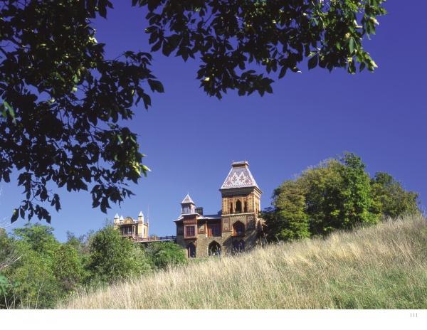 Historic Hudson Valley" by Schiffer Publishing, Ltd. features Victorian-style homes with ornate towers set on grassy hills, surrounded by trees and leafy branches under blue skies, evoking Hudson River School scenes.