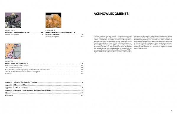 The table of contents for "Minerals of the Grenville Province" by Schiffer Publishing, Ltd. features chapter titles, small mineral specimen images from the Canadian Museum of Nature, a map, and an Acknowledgments section, with page numbers and headers highlighting the minerals.