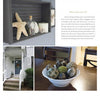 Design on the Fly" by Schiffer Publishing, Ltd. showcases a shelf with starfish and shells, a porch with potted plants, and a dining table with decorative balls, plus tips like using a tape measure for precise measurements.