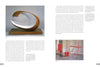 A book spread from "The Experience of Modern Sculpture" (Schiffer Publishing, Ltd.) shows text with two images: a modern abstract oval sculpture with strings on the left and a red geometric beam installation in a gallery on the right.
