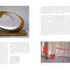 A book spread from "The Experience of Modern Sculpture" (Schiffer Publishing, Ltd.) shows text with two images: a modern abstract oval sculpture with strings on the left and a red geometric beam installation in a gallery on the right.