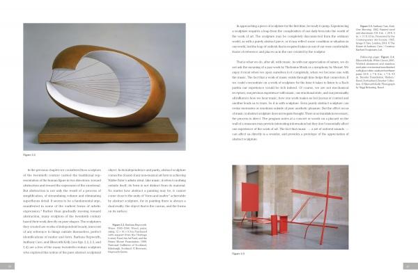 A book spread from "The Experience of Modern Sculpture" (Schiffer Publishing, Ltd.) shows text with two images: a modern abstract oval sculpture with strings on the left and a red geometric beam installation in a gallery on the right.