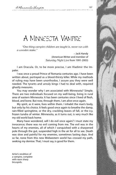 A page from Schiffer Publishing's "Strange Minnesota Monsters" features a Jack Handy quote, a vampire on ice skates illustration, and the author's tales of living as a vampire among Minnesota monsters.