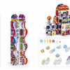 The ArchiPop kit by Schiffer Publishing, Ltd. includes two colorful models—Ginger (tall, narrow) and Basilus (large, intricate)—with interlocking pieces and assembly diagrams showing numbered parts below each structure.
