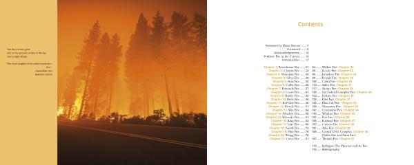 On the right is a table of contents. On the left, Terra Flamma by Schiffer Publishing, Ltd. displays striking wildfire photography: tall trees silhouetted against an orange sky as a road runs past the burning forest, with text overlaid.