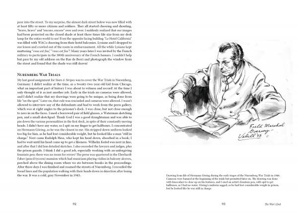 A page from "An Artist at War" by Schiffer Publishing, Ltd., featuring a drawing by Ed Vebell, famed for his World War II art and Nuremberg War Crimes Trials illustrations.