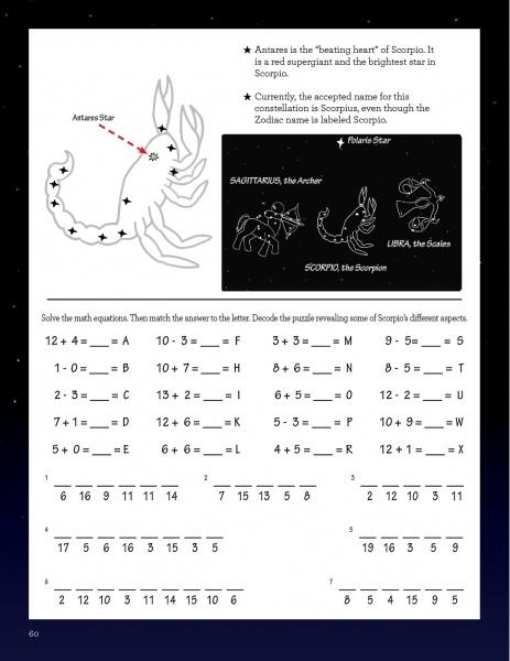 A worksheet from Schiffer Publishing, Ltd.’s "In the Night Sky" features a star map of Scorpio, labeled stars, illustrations of nearby constellations for kids, and a math puzzle with answers revealing words about Scorpio.