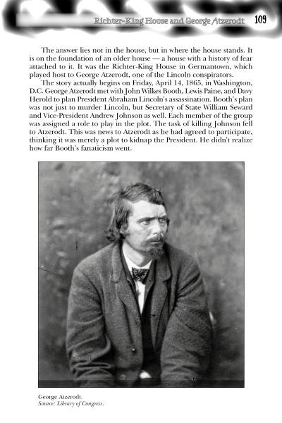 A black-and-white photo of George Atzerodt, linked to the Lincoln assassination, is featured with text on lingering Maryland ghost stories in "In Search of Maryland Ghosts" by Schiffer Publishing, Ltd.
