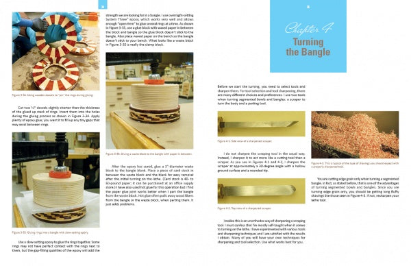 Turning Segmented Wooden Bangles on the Wood Lathe" by Schiffer Publishing, Ltd. includes step-by-step photo and text instructions for making wooden bangles with a small lathe, showing wood segments, sanded rings, tools, and shavings.