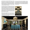 Inspired by Schiffer Publishing, Ltd.'s "Showhouses 3," this grand foyer showcases a round table with a blue tablecloth, crystal pendant chandelier, and a large mirror, set against dark walls and bold black-and-white geometric flooring.
