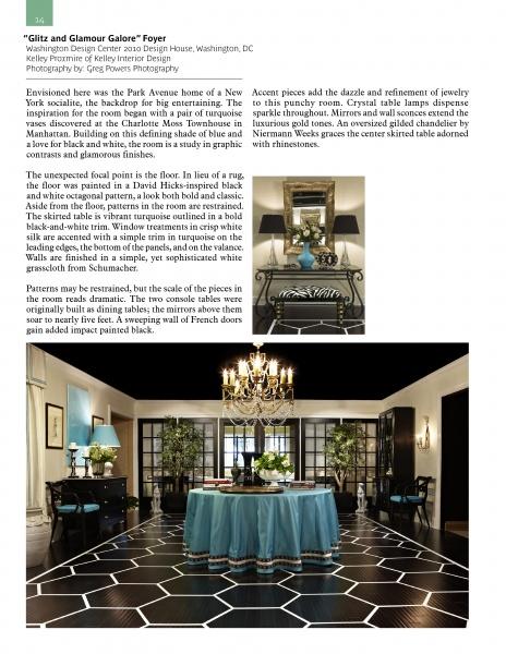 Inspired by Schiffer Publishing, Ltd.'s "Showhouses 3," this grand foyer showcases a round table with a blue tablecloth, crystal pendant chandelier, and a large mirror, set against dark walls and bold black-and-white geometric flooring.