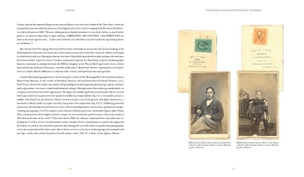An open spread from Women in the Dark by Schiffer Publishing, Ltd. features text on the left and three 19th-century portraits on the right—two seated women (one holding a baby) and a girl by a chair, reflecting American photographic history.