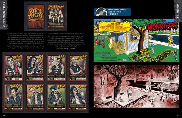 A comic-style spread from Rockabilly/Psychobilly by Schiffer Publishing, Ltd. features illustrated Bitch Priests character cards, retro Monsters panels, and a red-tinted scene, all on a black background.