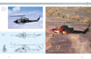 A collage of two Bell AH-1 Cobra helicopters in flight—one firing rockets—with technical line drawings, set over a dry grass landscape. Showcasing military history. Product: The Bell AH-1 Cobra by Schiffer Publishing, Ltd.