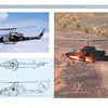 A collage of two Bell AH-1 Cobra helicopters in flight—one firing rockets—with technical line drawings, set over a dry grass landscape. Showcasing military history. Product: The Bell AH-1 Cobra by Schiffer Publishing, Ltd.